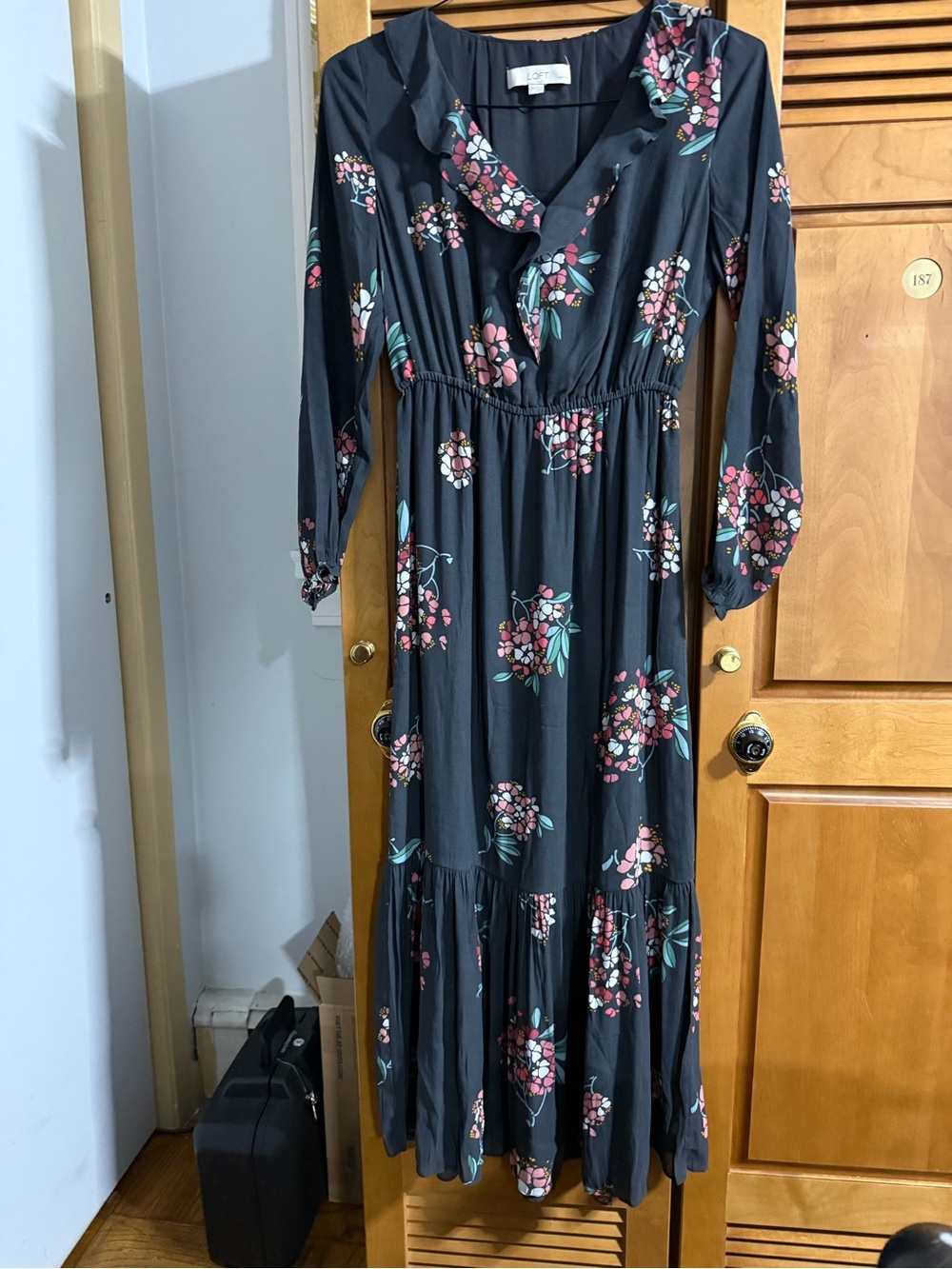 LOFT Black Maxi Dress with Pink & Teal Floral Print